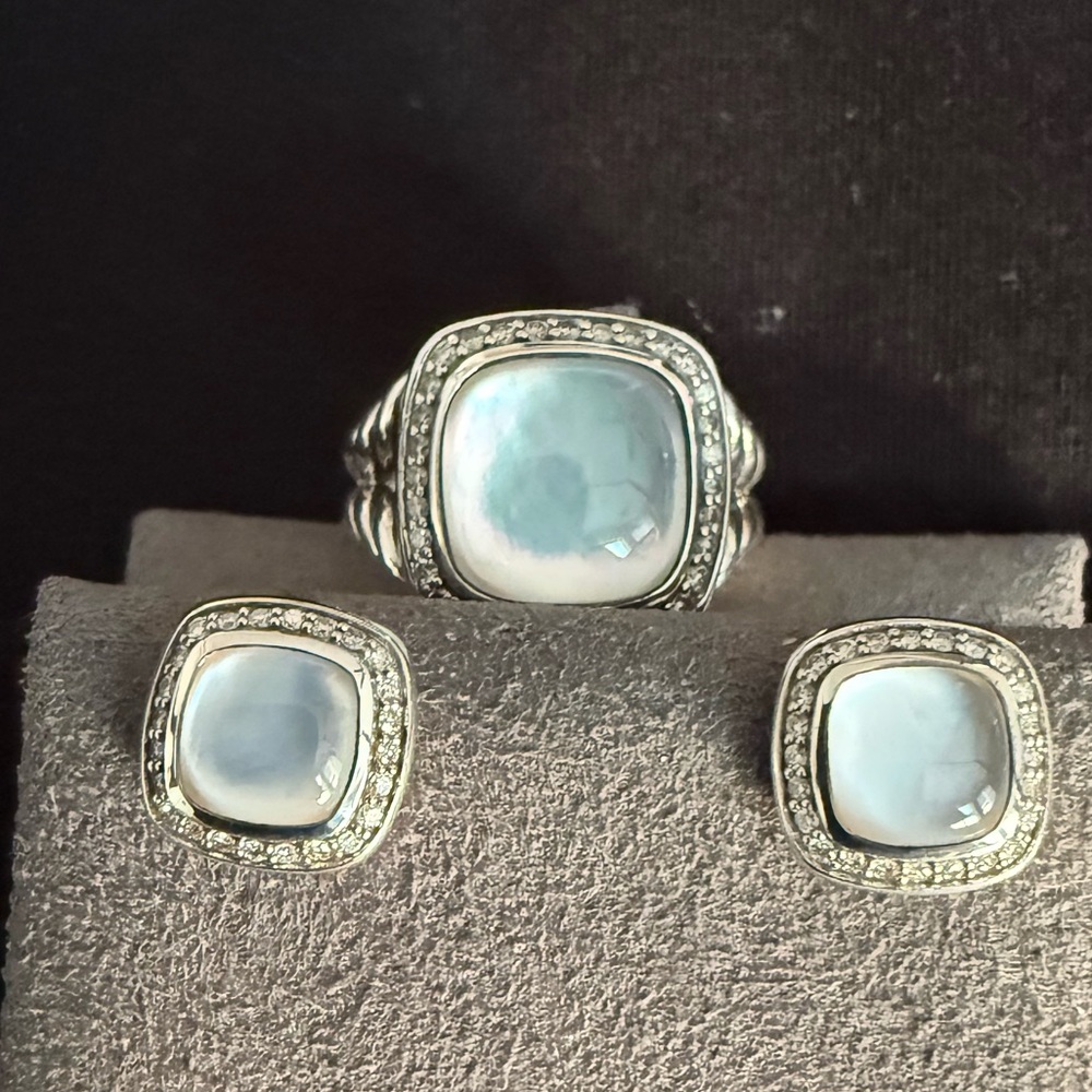David Yurman Albion Silver Mother of Pearl with Diamonds Ring and Earrings Set